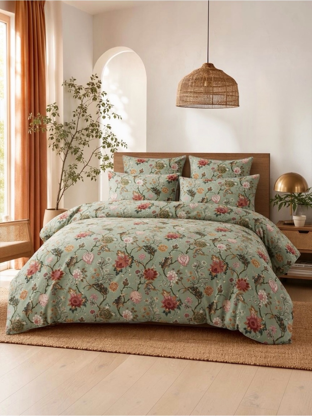 NEW Anthropologie Tiffany Green Floral Retro Antique Duvet Bedding & Sham Set